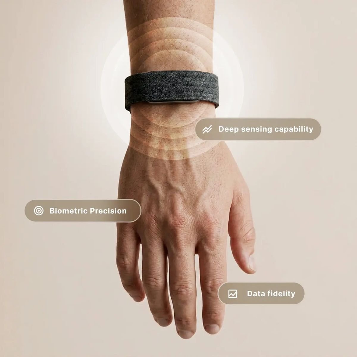 Hume Band 2.0 accuracy validation — close-up of wrist showing Biometric Precision, deep sensing capability, and data fidelity