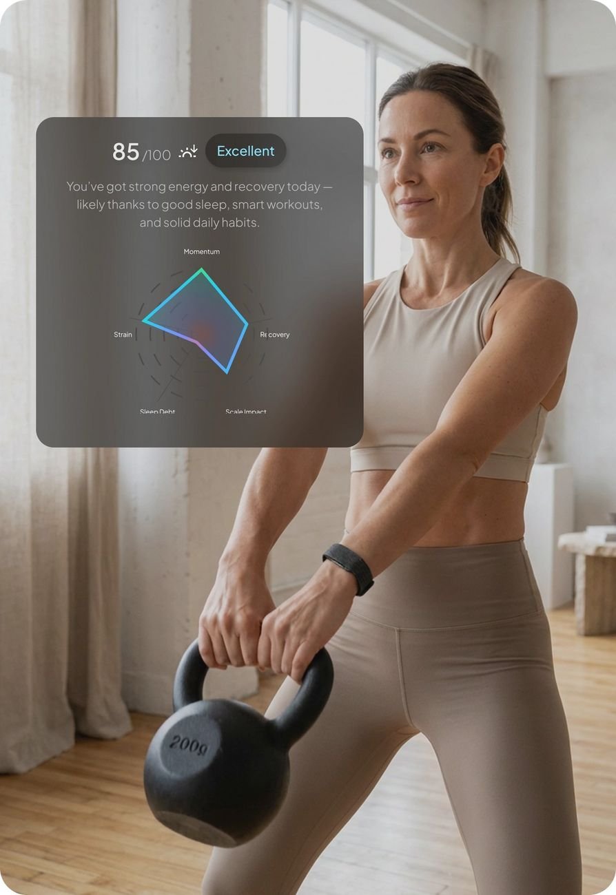 Woman working out wearing Hume Band — Metabolic Capacity score shown in app